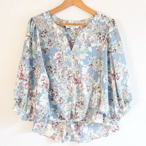 Light Blue Sheer Floral V-Neck 3/4 Sleeve Rose + Olive Blouse Women’s